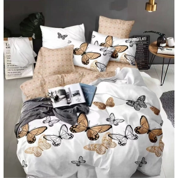 Pościel 160x200 flanelowa biała brązowa w motyle FL641